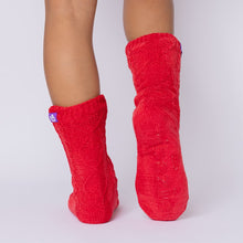 Load image into Gallery viewer, The Foozie™ Move in Red, back view showing the diamond cable knit and the foozie grips on the sole
