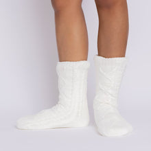Load image into Gallery viewer, The Foozie™ Move in White, front view of both feet showing the diamond cable knit