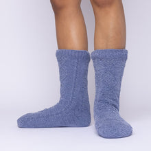 Load image into Gallery viewer, The Foozie™ Move in Blue, front view of both feet showing the diamond cable knit