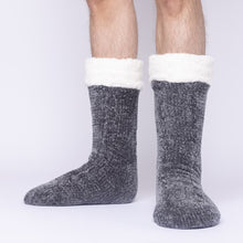 Load image into Gallery viewer, The Foozie™ in Dark Gray, front view of both feet worn by a man in Large with the sherpa cuffs folded down
