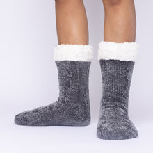 Load image into Gallery viewer, The Foozie™ in Dark Gray, front view of both feet worn in Medium with the sherpa cuffs folded down