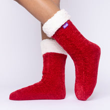 Load image into Gallery viewer, The Foozie™ in Red, side view worn in Medium with the sherpa cuff folded down