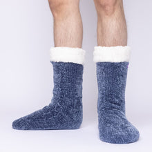 Load image into Gallery viewer, The Foozie™ in Blue, front view of both feet worn by a man in Large with the sherpa cuffs folded down