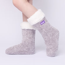Load image into Gallery viewer, The Foozie™ in Light Gray, side view worn in Kids/Small with the sherpa cuff folded down