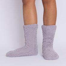 Load image into Gallery viewer, The Foozie™ Move in Light Gray, front view of both feet showing the diamond cable knit
