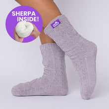 Load image into Gallery viewer, The Foozie™ Move in Light Gray, side view on foot with a 'Sherpa inside' badge showing the lining
