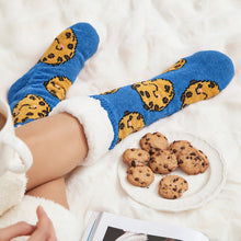 Load image into Gallery viewer, The Foozie™ Cookie slipper socks, with a plate of cookies
