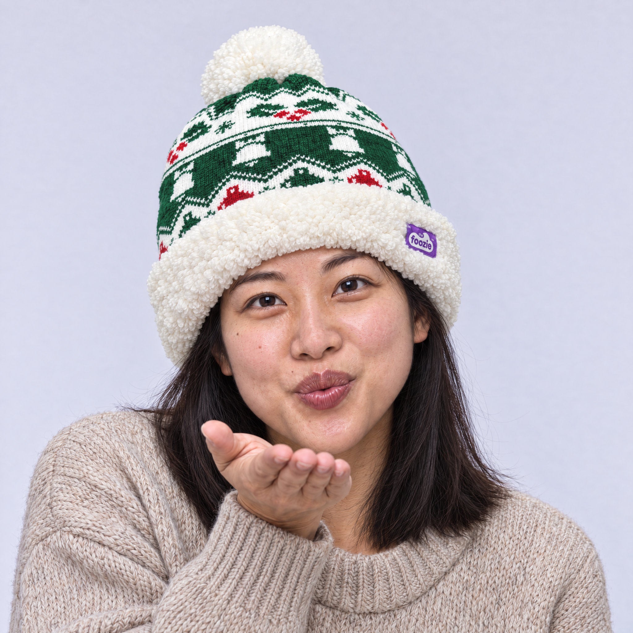 The Foozie™ Holly Christmas Beanie, worn by a woman