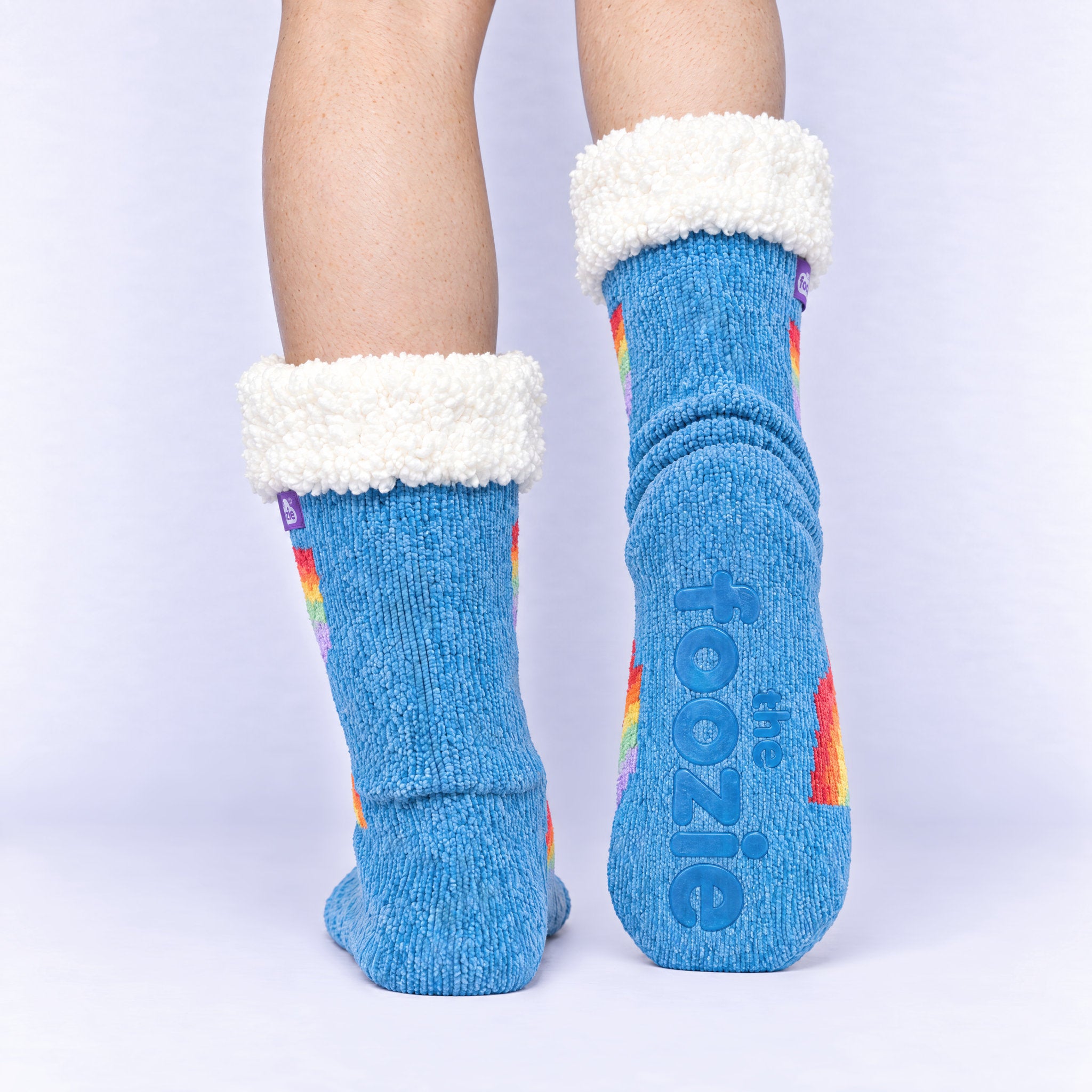 The Foozie™ Rainbow slipper socks, heel and non-slip grips