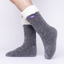 Load image into Gallery viewer, The Foozie™ in Dark Gray, side view worn by a man in Large with the sherpa cuff folded down
