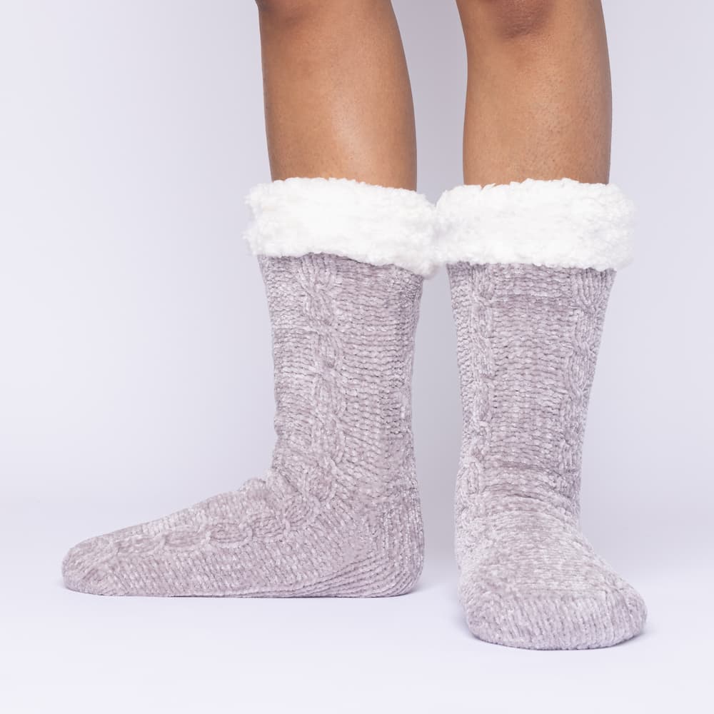 The Foozie™ in Light Gray, front view of both feet worn in Medium with the sherpa cuffs folded down