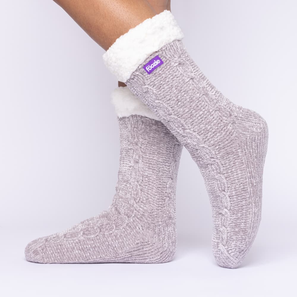 The Foozie™ in Light Gray, side view worn in Medium with the sherpa cuff folded down