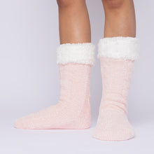 Load image into Gallery viewer, The Foozie™ in Pink, front view of both feet worn in Medium with the sherpa cuffs folded down
