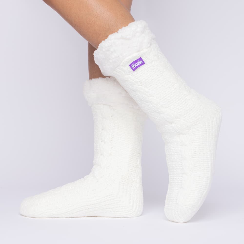The Foozie™ in White, side view worn in Medium with the sherpa cuff folded down