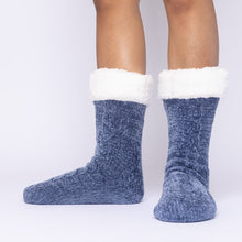 Load image into Gallery viewer, The Foozie™ in Blue, front view of both feet worn in Medium with the sherpa cuffs folded down
