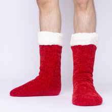 Load image into Gallery viewer, The Foozie™ in Red, front view of both feet worn by a man in Large with the sherpa cuffs folded down
