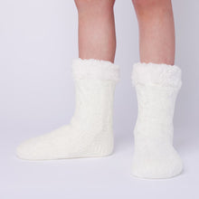 Load image into Gallery viewer, The Foozie™ in White, front view of both feet worn in Kids/Small with the sherpa cuffs folded down
