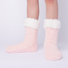 Load image into Gallery viewer, The Foozie™ in Pink, front view of both feet worn in Kids/Small with the sherpa cuffs folded down
