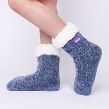 Load image into Gallery viewer, The Foozie™ in Blue, side view worn in Kids/Small with the sherpa cuff folded down
