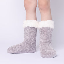 Load image into Gallery viewer, The Foozie™ in Light Gray, front view of both feet worn in Kids/Small with the sherpa cuffs folded down

