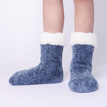 Load image into Gallery viewer, The Foozie™ in Blue, front view of both feet worn in Kids/Small with the sherpa cuffs folded down
