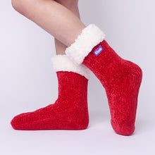 Load image into Gallery viewer, The Foozie™ in Red, side view worn in Kids/Small with the sherpa cuff folded down

